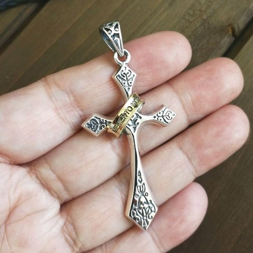 Shiny 925 Sterling Silver Ornate Floral Cross & Memento Mori Brass Ring Pendant - Picture 6 of 7