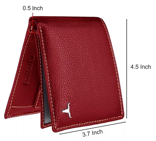 Genuine Leather Slim Men's Bifold Center Flap RFID Blocking Charlie Red Wallet - Picture 4 of 6
