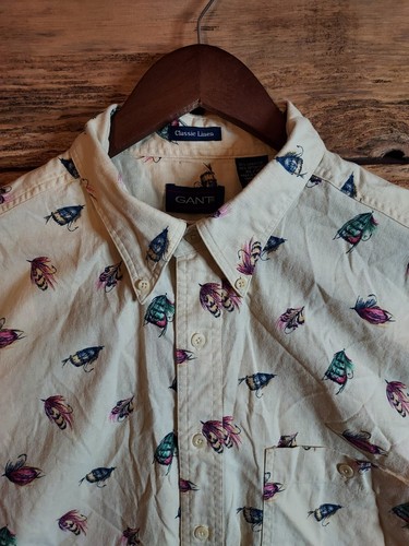 Vtg Gant Linen Short-Sleeved Button-down Shirt Rare Fly Fishing Theme Mens XL - Picture 2 of 10