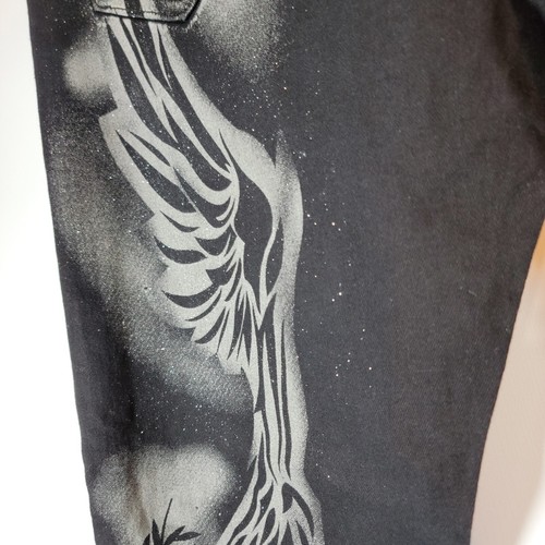 Waimea Skinny Fit Jeans Graffiti wings glitter Skulls Faded blackWash Mens 34x32 - Picture 11 of 19