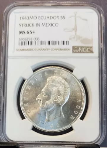 1943 Mo ECUADOR SILVER 5 SUCRES STRUCK IN MEXICO NGC MS 65+ BEAUTIFUL GEM BU