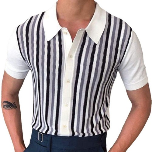 Mens Striped Contrast Knitwear Viscose Leisure Top Flocking Detail - Picture 4 of 11
