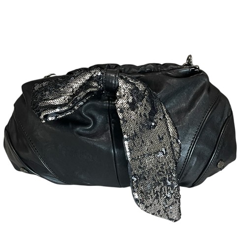Bill Blass Sequin Bow Clutch Black Leather Chain Strap Magnetic Closure Vintage - Picture 6 of 14