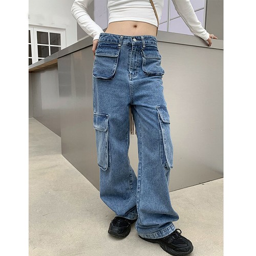 Girls Womens Denim Loose Straight Pants Pockets Jeans Cargo Pant Fashion Trouser - Imagen 2 de 7