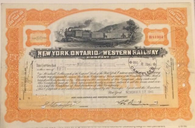 New York Ontario & Western Railway Company Stock Certificate Railroad Orange -