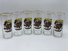 Vintage Cocktail Water Highball Glasses Hawaiian Kitch MCM Motif Set 6 Gold Rim