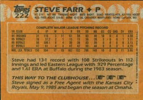 1988 Topps #222 Steve Farr Royals NM-MT - Picture 2 of 2