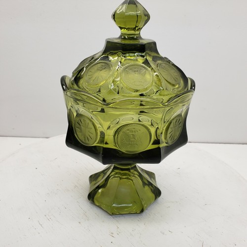 Fostoria Green Coin Glass Pedestal Candy Dish - Picture 4 of 9
