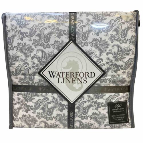 Waterford Linens KING Sheet Set White / Grey AVA PAISLEY 400 Thread Ct 21” NEW - Picture 1 of 12