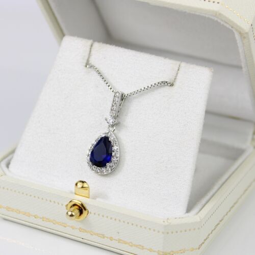 WHITE GOLD FINISH Blue Sapphire Pear Cut Created Diamond Necklace - Picture 2 of 6