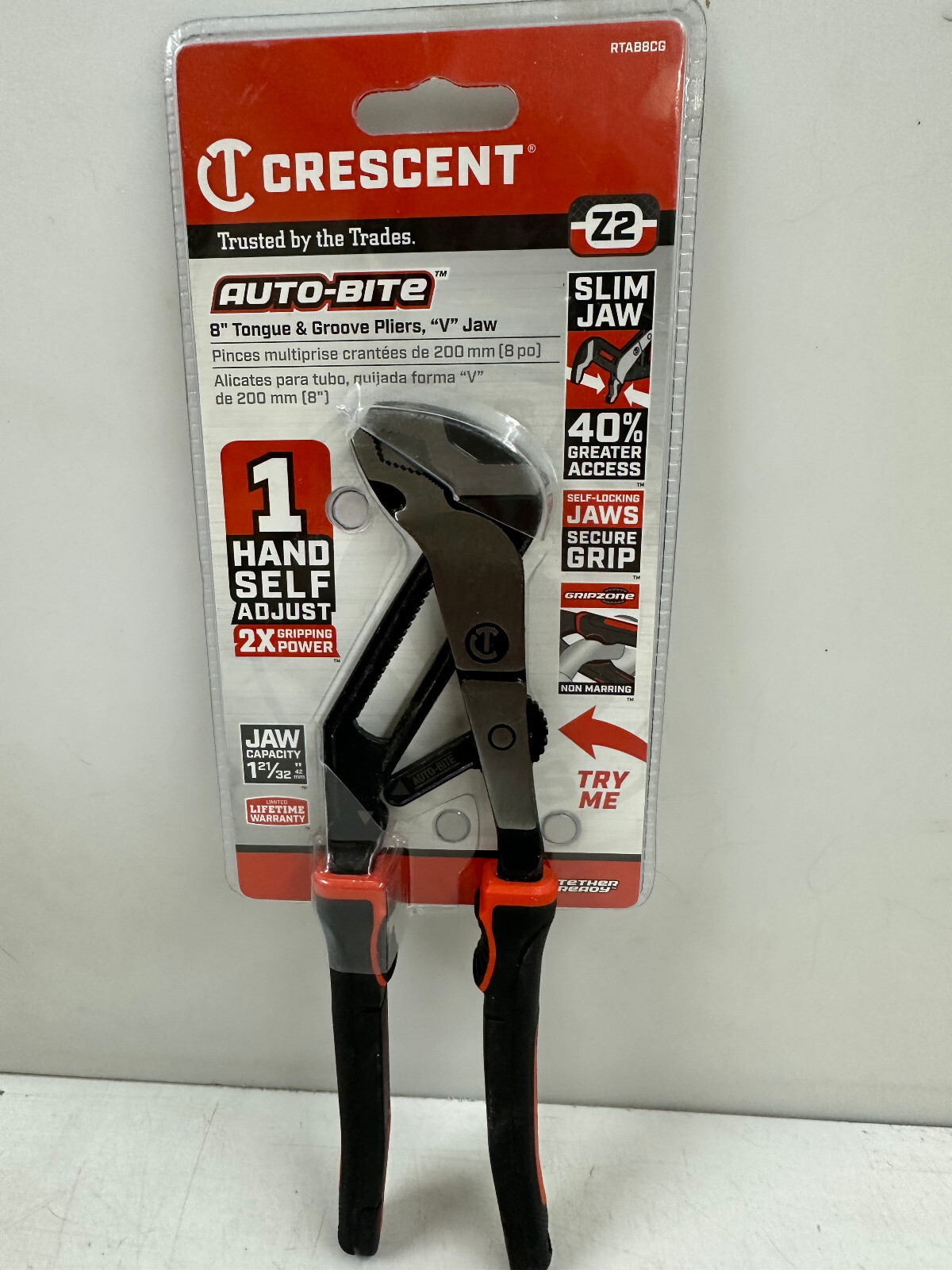 Crescent Z2 AutoBite 8 in. VJaw Tongue and Groove Dual Material Grip