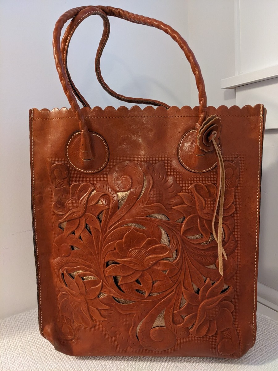Patricia Nash Cava Tote Cut Out Tooled Tan Leather with Gold Metallic Inlay