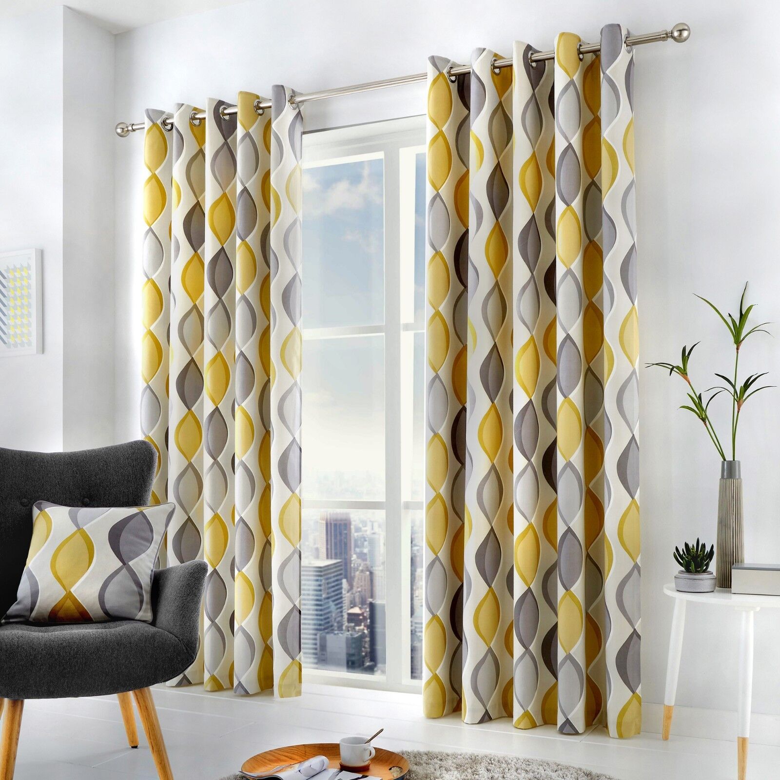Fusion LENNOX Grey & Yellow 100% Cotton Ready Made Eyelet Curtains & Cushions - Picture 22 of 24