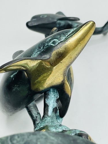 SPI Gallery Metal Brass Two Dolphins Sculpture Marble Base Seagrass Ocean Decor - Picture 13 of 17