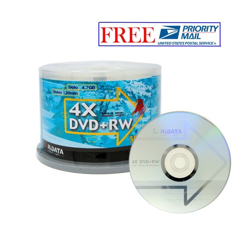 50 Pack Ridata DVD+RW 4x 4.7GB Silver Logo Rewritable DVD Plus RW Blank Disc - Picture 1 of 3
