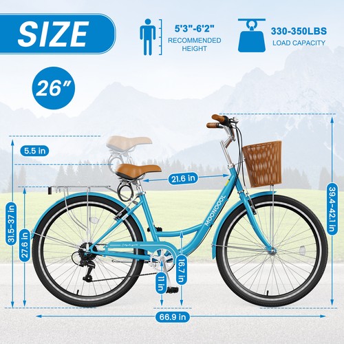 MOONCOOL 26" Beach Cruiser Bike 7 Speed Twist Shifters Commute Bike For Adults - Picture 10 of 56