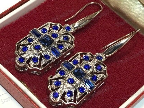 Conjunto de aretes colgantes estilo vintage de cristal de zafiro geométrico inspirados en el Art Deco - Imagen 13 de 17