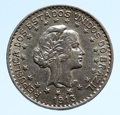 1913 BRÉSIL Stars and LIBERTY argent véritable 1000 riz ANCIENNE pièce économies brésilienne i96232