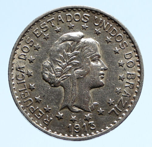 1913 BRÉSIL Stars and LIBERTY soldes argent véritable 1000 riz ANCIENNE pièce brésilienne i96232