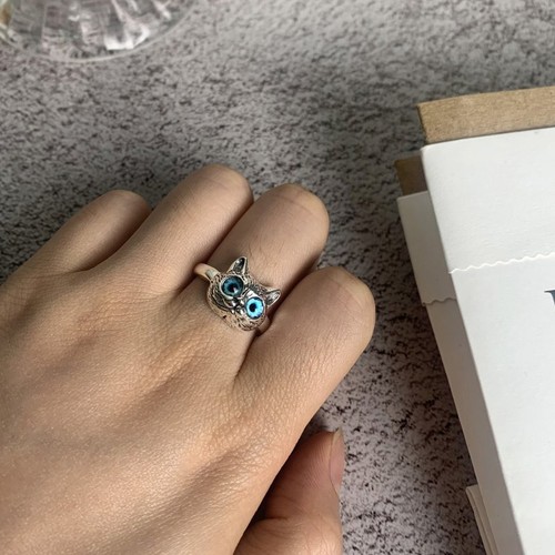 Cute Silver Plated Cat Blue Eye Open Knuckle Ring Jewelry Adjustable Women Men - Picture 3 of 7