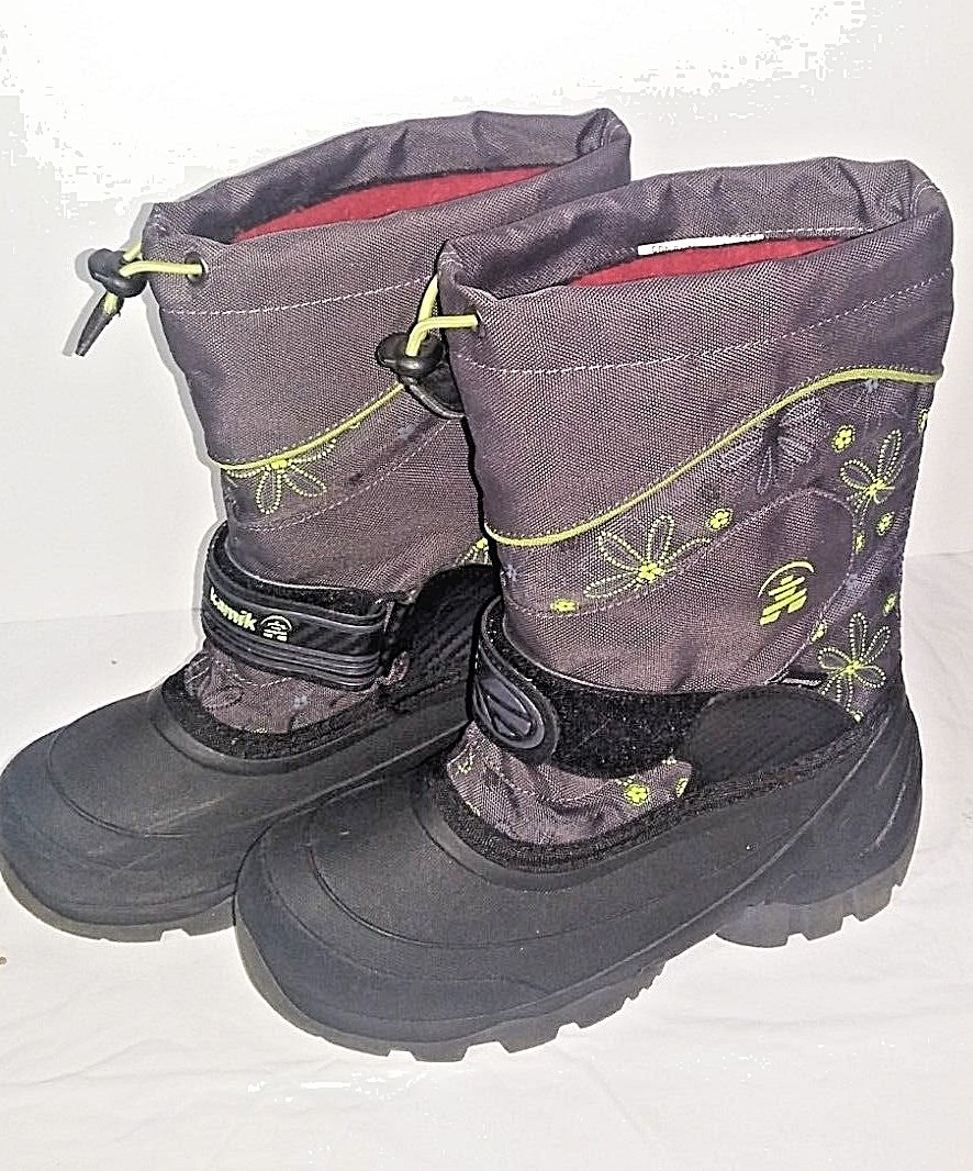 Kamik SnowJump2 Girls Kids Winter Snow Boots Charcoal Gray Green Flowers Size 2