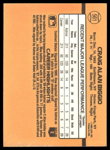 Craig Biggio 1989 Donruss #561 Houston Astros - Picture 2 of 2