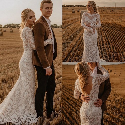 Vestido de novia vintage de sirena con apliques de encaje mangas largas - Imagen 1 de 9