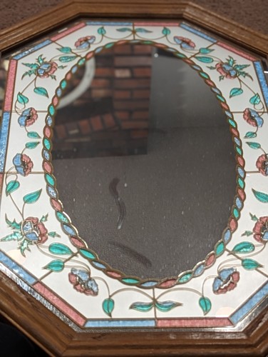 Vintage octagon etched rope oval mirror, color glass, real wood framed blue &... - Picture 8 of 10