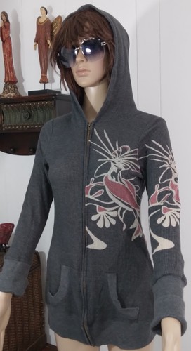 Forever 21 XXI Gray Open Front Hooded Cardigan Knit Sweater Girl Sz L EUC  - Picture 1 of 6