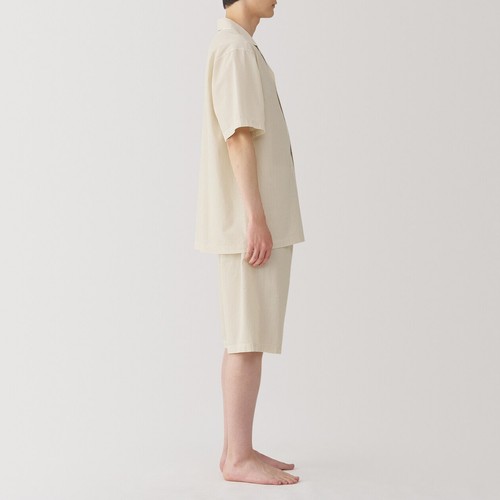 Pijama de manga corta MUJI para hombre 100 % algodón orgánico Seersucker beige a rayas FedEx - Imagen 3 de 10