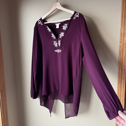 Ariat Poet Top Burgundy Embroidered Chiffon Handkerchief Hem Size L Cowgirl - Picture 4 of 17