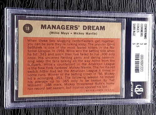 1962 TOPPS WILLIE MAYS MICKEY MANTLE CARD #18 NO CREASES OLD BGS BVG 3.5 w/subs - Picture 3 of 4