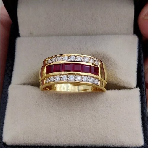 10K Yellow Gold 2.5Ct Princess Natural Ruby & Moissanite Men's Wedding Band Ring - Picture 2 of 9