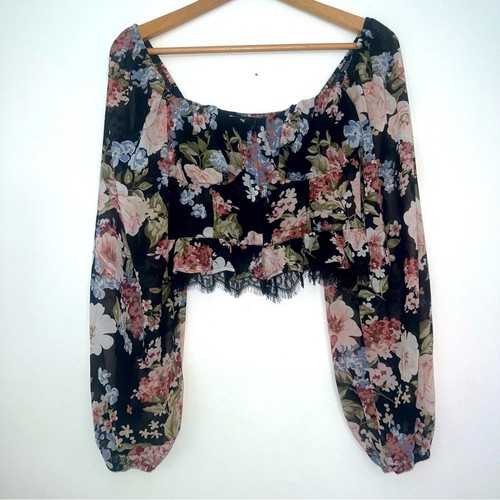Lulus Dark Floral Corset Balloon Sleeve Lace Crop Top Y2K 90’s Boho Size XS - Picture 13 of 14