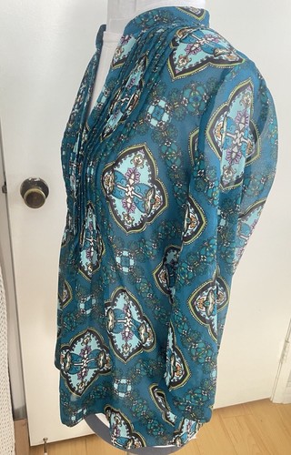 Peacock Blue Green Mandala Print Buttoned Long Sleeve Semi-Sheer Dressy Top S - Picture 6 of 13
