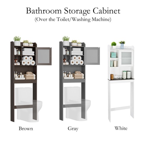 Over the Toilet Bathroom Cabinet Storage Organizer with Door Brown/White/Gray