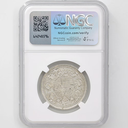 1862 (B) British India Queen Victoria 11.66g 1 Rupee Silver Coin NGC MS 64 0/4 - Picture 2 of 4