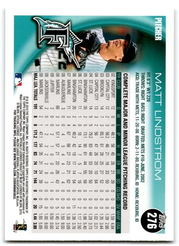 2010 Topps Matt Lindstrom Florida Marlins #276 - Picture 2 of 2