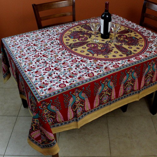 Cotton Peacock Floral Tablecloth 87x90 Rectangle Square Red Pink Tan - Picture 3 of 4