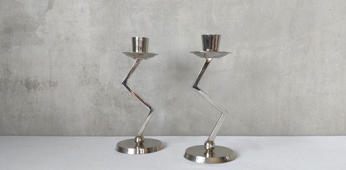 Pair vtg 90s zigzag zig zag postmodern style chrome silver metal candle holders - Picture 10 of 10