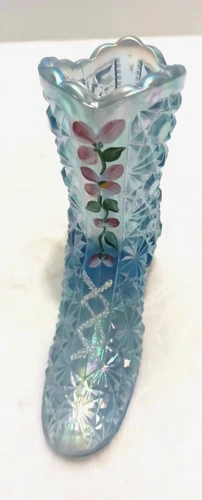 Fenton Carnival Glass Light Blue Iridescent Boot Hand-Painted Signed R. Stewart