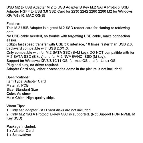 M.2 to USB Adapter SATA Protocol Support 2230 2242 2260 2280 for Windows MAC OS - Afbeelding 11 van 12