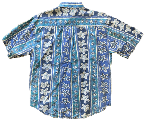 Vintage 90s Bugle Boy Button Shirt XL AOP Surf Skate Geometric Nautical Blue Men - Picture 2 of 5
