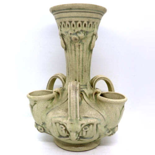 20er Jahre Vintage seltene Weller Creamware Keramik Roma Krokus drei Brunnen Henkel Vase - Bild 2 von 12