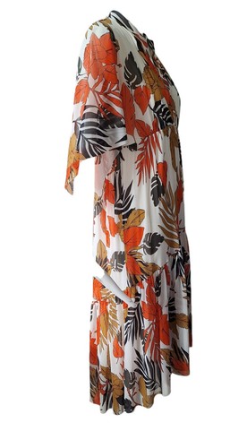 FUZZI Gaultier Dress Womens Leaf Print Tulle Mesh Hi Low Hem Orange Black Tan - Picture 7 of 8
