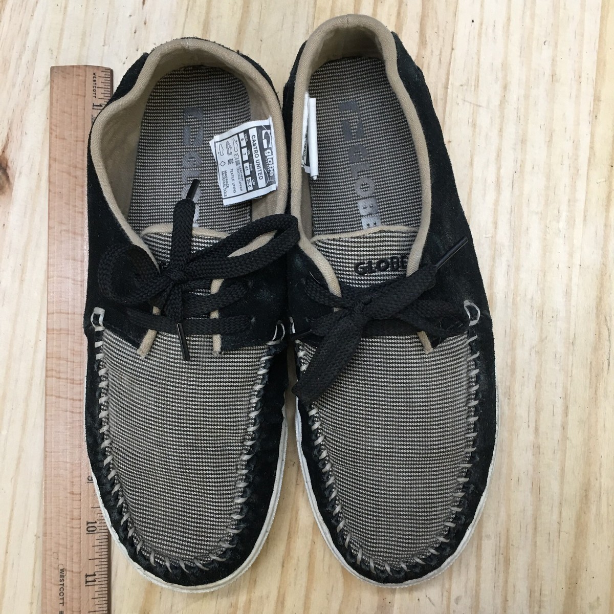 Globe Castro Shoes Mens 8 Loafers Black Leather Canvas Almond Moc Toe Lace Up