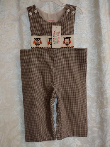 Gesmokter Longall Eulen braun kariert Strampler zwei Belles & ein Beau Neu mit Etikett 18 Monate - Bild 2 von 9