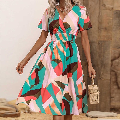 Women Skirt Summer V-Neck Small Floral Print Middle Dress Short Sleeve - Bild 36 von 40