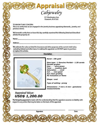 GENUINE 1.28 Cts PERIDOT SOLITAIRE RING 10K SOLID GOLD - Free Appraisal - NWT - Picture 15 of 15
