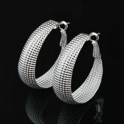 Orecchini donna argento sterling 925 lucido pieno grande forma uovo cerchio gioielli - Foto 6 di 6